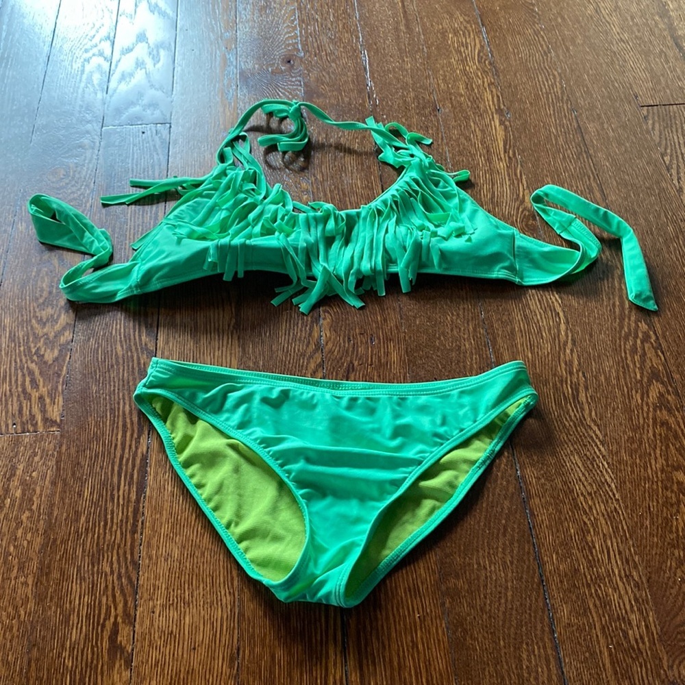 Capri Green Fringe Bikini Set Triangle Top Tie Side Bottom SIZE L